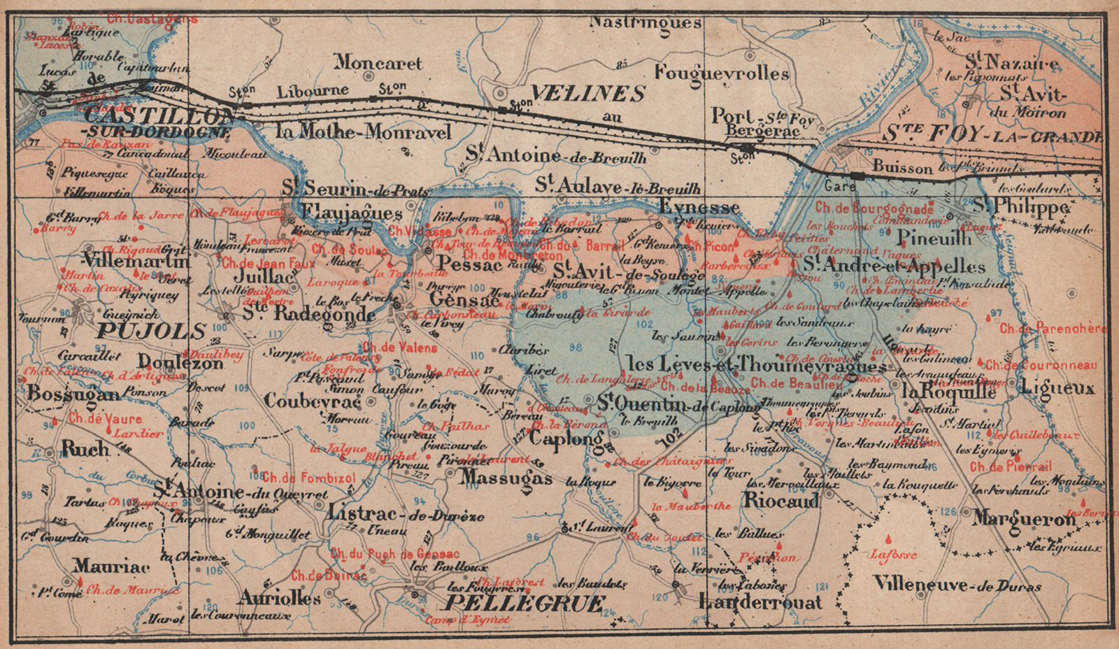 BORDEAUX WINE MAP Entre-deux-mers. Castillon Pujols chateaux. COCKS & FERET 1908